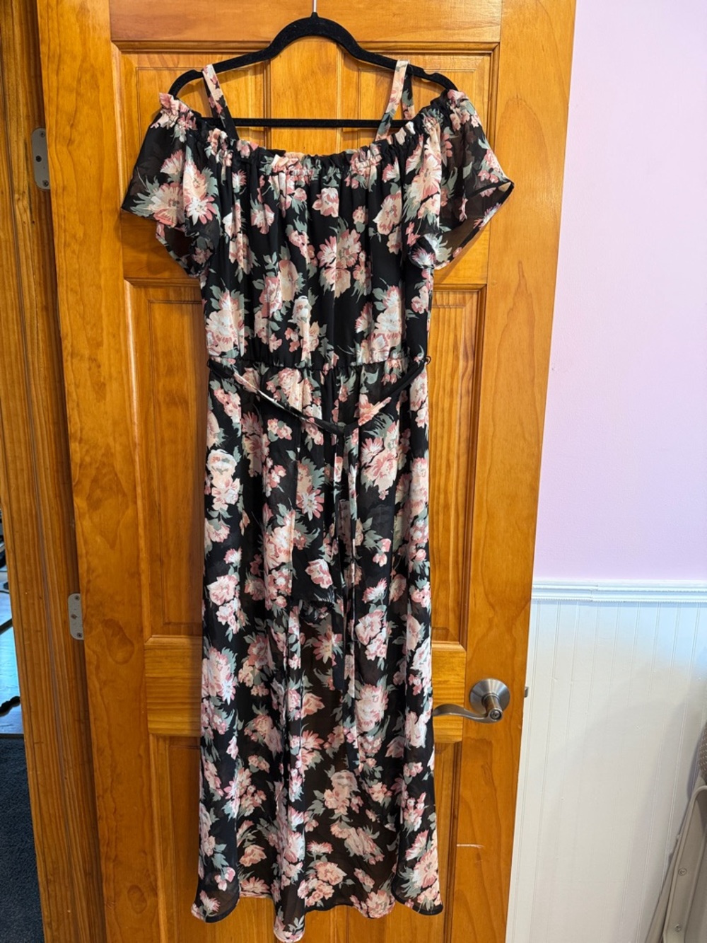 Floral Off-Shoulder Maxi Hi-Low Romper - Black with Pink Floral